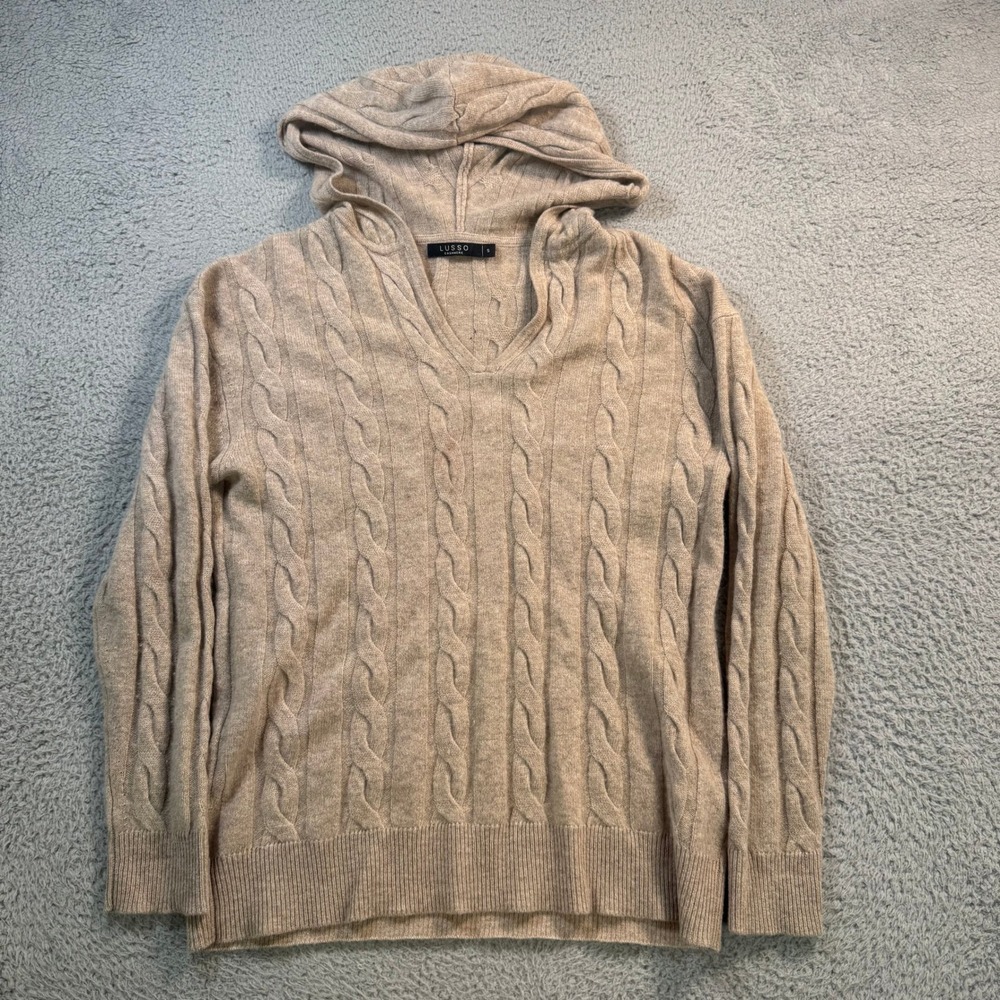 Lusso Cashmere Womens Cable Knit Hoodie Beige V-Neck Sweater S OFC9267SF